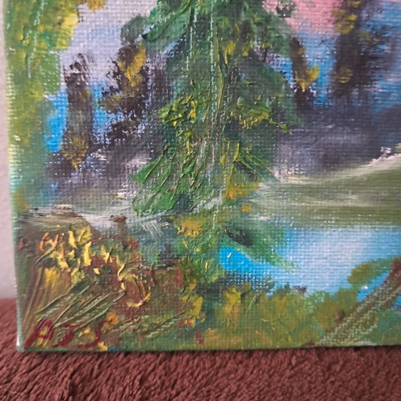 Bob Ross Inspired  Pink And Blue Sky Big Trees Hand Painted Canvas - Picture 2 of 4